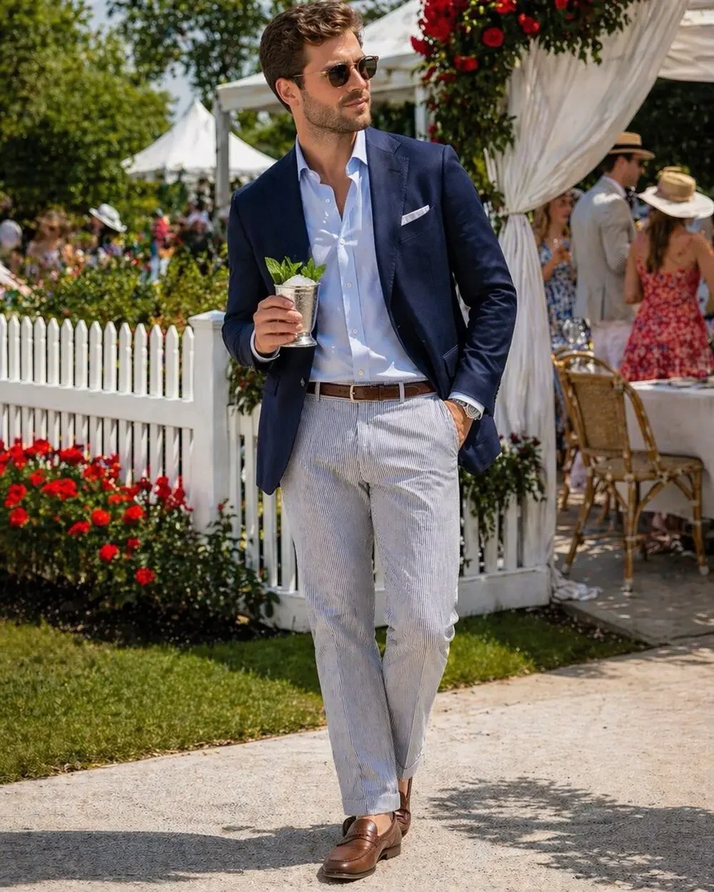 Haspel Frank Stella Seersucker Pants 34x29 Blue White Stripe Summer Wedding